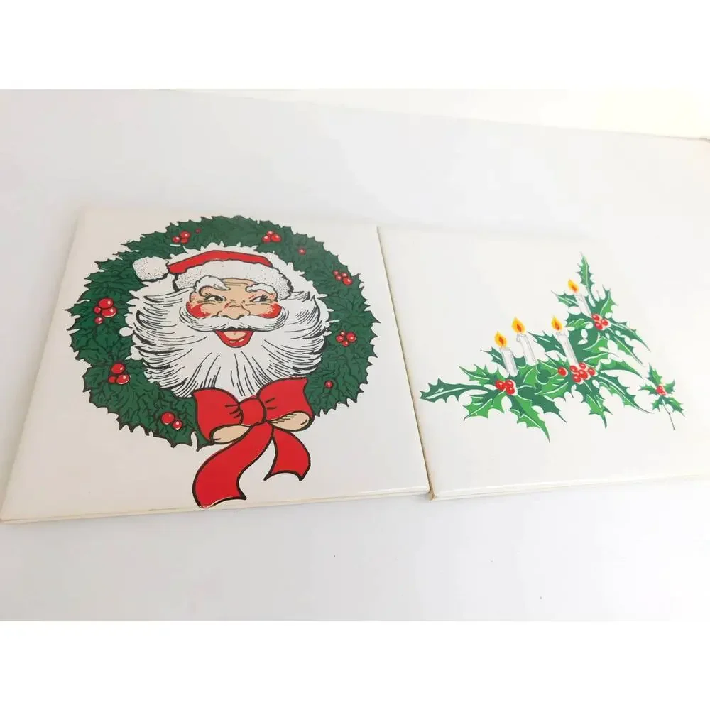 Vintage Jasco Christmas Holiday Ceramic Tile Trivets Santa Candle Set of 2